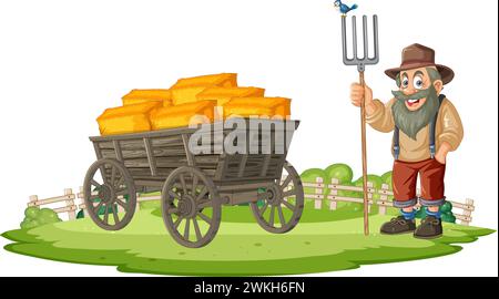Agricoltore sorridente in piedi accanto a un carro pieno di fieno. Illustrazione Vettoriale