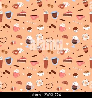 Caffè dal design vettoriale senza cuciture. Sfondo carino con caffè a doodle ed elementi dolci in semplice stile disegnato a mano. Bevande diverse Illustrazione Vettoriale