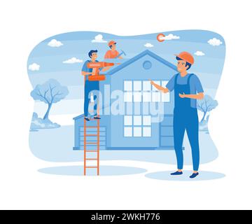 Ristrutturazione della casa. Lavoratori che riparano il tetto. Gruppo edile, tetti, caposquadra. illustrazione moderna vettoriale piatta Illustrazione Vettoriale