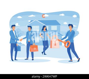 Persone che acquistano una casa, chiavi di casa, protezione e sicurezza, immobili e affitto chiavi in mano. illustrazione moderna vettoriale piatta Illustrazione Vettoriale