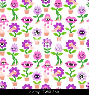 Struttura senza cuciture delle piante domestiche. Pazza discoteca con fiori rosa e viola in stile cartoni animati piatto su sfondo bianco Illustrazione Vettoriale