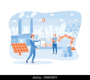 Tecnico che lavora con l'interfaccia interattiva. Industria intelligente, produzione innovativa.grafica vettoriale piatta moderna Illustrazione Vettoriale