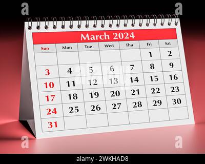 Calendario marzo 2024. Una pagina del calendario mensile annuale del business desk in primavera Foto Stock
