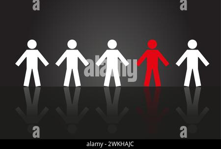 Un individuo unico che si distingue dalla massa. Illustrazione vettoriale delle icone delle persone, una in rosso. Concetto di individualità e unicità nella comunità Illustrazione Vettoriale