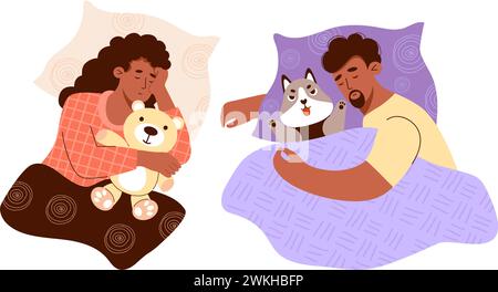Gente nera che dorme. Uomo etnico con peluche cane e ragazza con orso peluche giocattolo. Tempo rilassati. Personaggi carini isolati in stile piatto. Illustrazione vettoriale Illustrazione Vettoriale