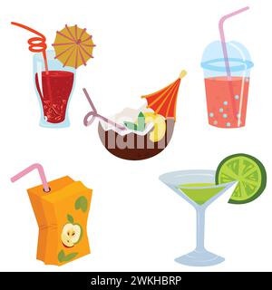 Set di bevande fredde estive. Illustrazione vettoriale su sfondo bianco. Illustrazione Vettoriale