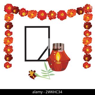 Cornice funeraria con un nastro nero, una candela in fiamme in una lampada, una ghirlanda di fiori di calendula, un simbolo di Illustrazione Vettoriale