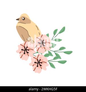 uccello giallo molla con elementi floreali clipart isolato. Illustrazione vettoriale isolata. Può essere utilizzato per la carta da parati, il poster, il design di stampa per il tessuto. Illustrazione Vettoriale