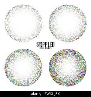 Oggetti rotondi punteggiati, elementi vintage. Gradiente di dissolvenza. Stippling, disegno a puntini, ombreggiatura con punti. Effetto disintegrazione colorata Illustrazione Vettoriale