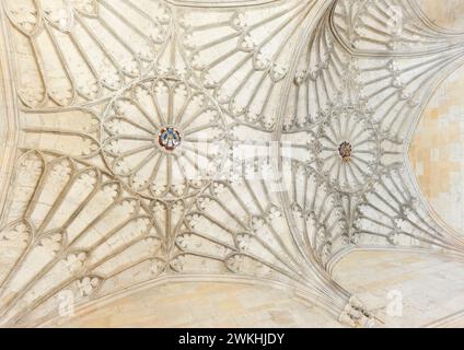 Soffitto a volta ventilato sopra la scala che porta alla sala da pranzo del Christ Church College, Università di Oxford, Inghilterra. Foto Stock