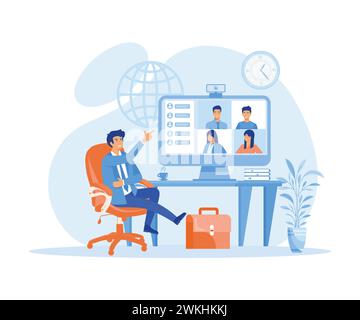 Lavoratore che utilizza un computer per riunioni virtuali collettive e videoconferenze di gruppo. Uomo sul desktop che chatta con gli amici online. illus moderno vettoriale piatto Illustrazione Vettoriale