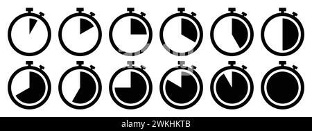 Icona cronometro impostata in nero. Set di simboli cronometro. Insieme di icone timer impostate in nero su sfondo bianco. Cronometro con conto alla rovescia. Illustrazione Vettoriale