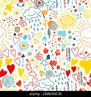 Sfondo perfetto per i bambini con sole, cuori e pioggia. disegno a mano. Non ai, illustrazione vettoriale Illustrazione Vettoriale