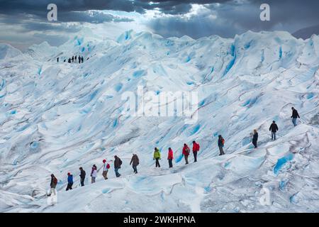 Mini trekking. Cammina sul ghiacciaio con ramponi. Ghiacciaio Perito Moreno. Parco nazionale Los Glaciares. Vicino a El Calafate. Provincia di Santa Cruz. Patagonia Foto Stock