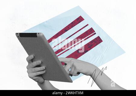Illustrazione collage di foto composito di mani umane tenendo le dita del tablet sfogliando in eshop Scegli prodotti sfondo creativo isolato Foto Stock