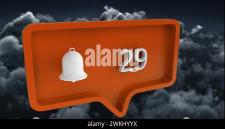 Immagine dell'icona di avviso con i numeri sulla bolla vocale sopra il cielo e le nuvole Foto Stock
