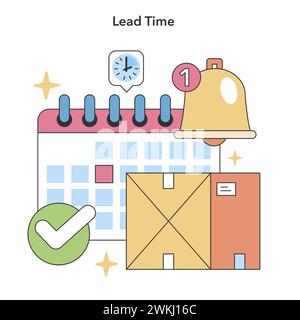 Concetto di lead time. Monitoraggio efficiente della pianificazione con calendario e consegna puntuale dei pacchi. Gestione semplificata della supply chain. Illustrazione vettoriale piatta. Illustrazione Vettoriale