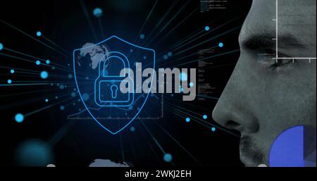 Immagine dell'interfaccia digitale e dell'elaborazione dei dati con lucchetto di sicurezza online su MAN Foto Stock