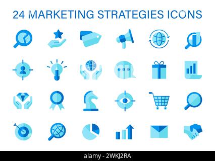 Set di icone strategie di marketing. Una raccolta di icone di linea che rappresentano le principali strategie di marketing, tra cui SEO, social engagement e analisi. Illustrazione vettoriale piatta. Illustrazione Vettoriale