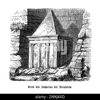 La Tomba di Zaccaria, che si erge solennemente nella valle del Kidron di Gerusalemme, è una testimonianza della ricca arazzo storico e religioso della città. Questa struttura monolitica, interamente scolpita nella roccia, mostra le usanze funerarie e gli stili architettonici unici del periodo del secondo Tempio. Nonostante la sua associazione con il profeta Zaccaria, il monumento funge da rappresentazione simbolica delle pratiche di sepoltura dell'epoca, piuttosto che da tomba letterale. La sua base cubica, adornata con colonne ioniche e un fregio, sostiene una parte superiore piramidale, riecheggiando gli elementi di design prevalenti negli ebrei Foto Stock