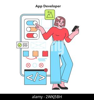 Uno sviluppatore di app utilizza la tecnologia per creare applicazioni mobili coinvolgenti, mostrando lo spirito innovativo dello sviluppo software nell'era digitale. Illustrazione Vettoriale