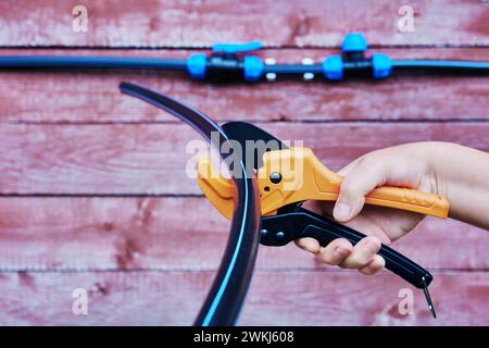 Assemblando una tubazione esterna per acqua potabile e irrigazione, l'idraulico taglia il tubo in HDPE con un tagliatubi a cricchetto. Foto Stock