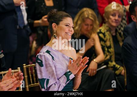 San Francisco, Stati Uniti. 20 febbraio 2024. Altezza reale, la principessa ereditaria Victoria Ingrid Alice Désirée, partecipa al ricevimento inaugurale del nuovo Consolato generale di Svezia presso la Barbro Osher Recital Hall al San Francisco Conservatory of Music (SFCM) a San Francisco, CA, il 20 febbraio 2024. Parte del suo viaggio ufficiale nella Bay area. (Foto di Skyler Greene/Sipa USA) credito: SIPA USA/Alamy Live News Foto Stock