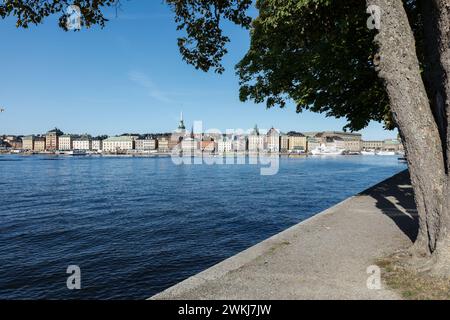 Lungomare di Gamla Stan nella zona di Skeppsbrokajen con guglie della chiesa di St Gertrude vista da Skeppsholmen, Stoccolma attraverso Stockholms Ström. Foto Stock