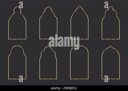 Cornice ad arco in oro bordo sottile elegante divisore decorativo, finestra araba minimale, sportello con isolamento lucido su sfondo scuro. Illustrazione vettoriale Illustrazione Vettoriale