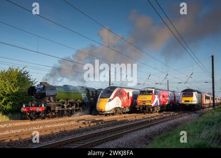 4 treni, un evento unico che non si ripeterà mai, dove 4 famosi treni erano allineati insieme sulla East Coast Mainline a nord della stazione di York Foto Stock