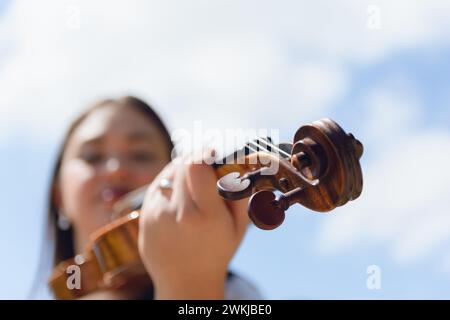 ritratto sfocato di una giovane donna in piedi con il violino all'aperto con il cielo nuvoloso sullo sfondo, focalizzato sul violino Foto Stock