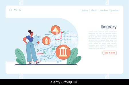 Banner web turistico o landing page. Persone che viaggiano in tutto il mondo per vedere attrazioni e patrimonio culturale. Il viaggiatore che prenota un hotel e fa il pieno di bagagli. Stile di vita attivo. Illustrazione vettoriale piatta Illustrazione Vettoriale