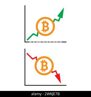 Grafici ascendenti e discendenti con bitcoin su sfondo bianco Foto Stock