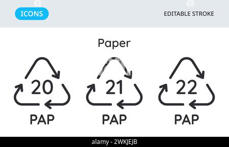 Icone dei codici di riciclaggio della carta. Simboli ambientali triangolari dei materiali. Set di elementi su sfondo bianco. Traccia modificabile. Illustrazione Vettoriale