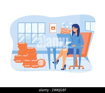 Concetto di pagamento dello stipendio. Denaro salariale, calcolo dei salari finanziari, analisi di cassa commessa, imposta annuale, processo di pianificazione del budget. moderno illu vettoriale piatto Illustrazione Vettoriale