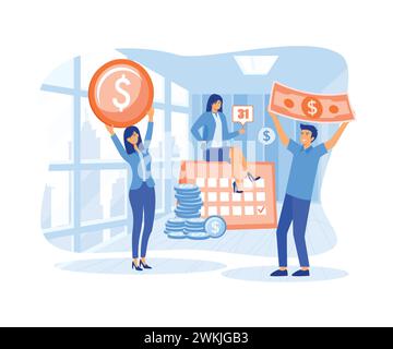 Concetto di pagamento dello stipendio, che mostra un gruppo di persone che celebrano il giorno del pagamento dello stipendio. illustrazione moderna vettoriale piatta Illustrazione Vettoriale