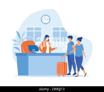 Responsabile della consulenza clienti alla reception. I turisti che effettuano il check-in in hotel, in piedi al tavolo nella hall. illustrazione moderna vettoriale piatta Illustrazione Vettoriale