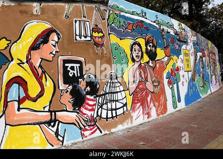 Dacca, Dacca, Bangladesh. 21 febbraio 2024. Pittura murale in occasione della giornata internazionale della lingua madre in Bangladesh. Il 21 febbraio 1952, vi fu un movimento che chiedeva il bengalese come lingua nazionale del Bangladesh. Molte persone, tra cui Salam, Barkat, Rafiq e Jabbar, furono uccise durante il fuoco della polizia. (Immagine di credito: © Syed Mahabubul Kader/ZUMA Press Wire) SOLO PER USO EDITORIALE! Non per USO commerciale! Foto Stock