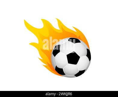 Palla di calcio in fiamma di fuoco. Icona del fumetto di calcio. Logo fast ball in movimento isolato Illustrazione Vettoriale