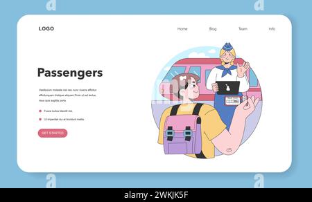Banner Web o pagina di destinazione della gita in treno. Personaggi che viaggiano in treno. Passeggeri con bagagli che salgono sul treno. Viaggi ferroviari e turismo. Illustrazione vettoriale piatta Illustrazione Vettoriale