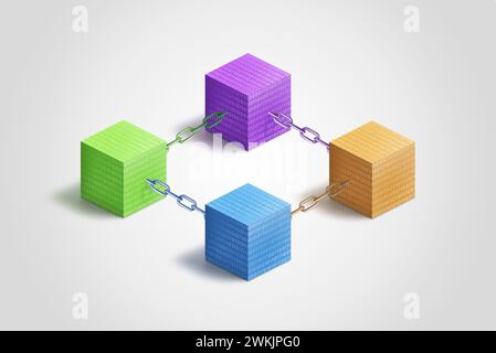 Cubi blockchain colorati interconnessi da catene, adornati da codice binario. Simbolo della connettività digitale e della sicurezza. Ideale per la tecnologia e la finanza Foto Stock