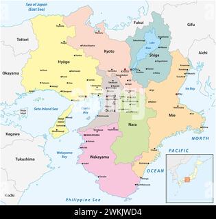 Mappa vettoriale amministrativa della regione giapponese del Kansai Foto Stock