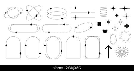 Set di elementi di design in stile y2k alla moda. Cornici ovali con stelle, cuori, frecce, ecc. Illustrazione Vettoriale