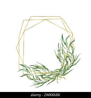 Ramoscello di salice con foglie di corona d'oro. Cornice in eucalipto. Perfetto per carte, logo, decorazioni, inviti, disegni estetici Foto Stock