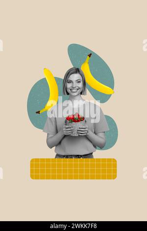 Collage immagine 3d pinup pop schizzo retrò di divertente presa femminile fragola banana frutta dieta nutrizione sana cartellone fumetti zine minimale Foto Stock