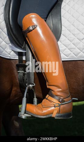 primo piano di stivali da dressage alti per l'equitazione che mostrano la corretta posizione della gamba di dressage rider breeches nere stivali in pelle marrone alta con sperone vertica Foto Stock