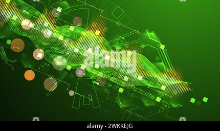 Big data. Illustrazione astratta di vettori futuristici digitali sullo sfondo della tecnologia. Concetto di data mining e gestione. Disegno disegnato a mano. Illustrazione Vettoriale