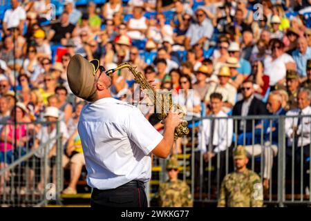 Musicista militare suona al VIII Richárd Fricsay al Regional Military Band Festival. Szekesfehervar, Ungheria - 18 agosto 2022. Foto Stock