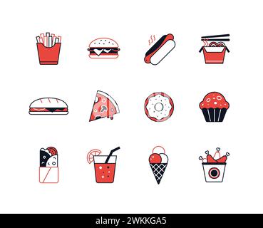 Delizioso fast food - set di icone in stile design di linea Illustrazione Vettoriale