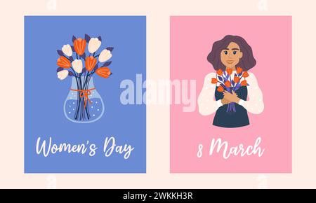 Set cartoline dell'8 marzo. Giornata mondiale della donna. Elementi di cartoni animati piatti disegnati a mano. Illustrazione vettoriale Illustrazione Vettoriale